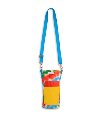 water bottle sling with primary color squiggles, front patch pocket and blue strap