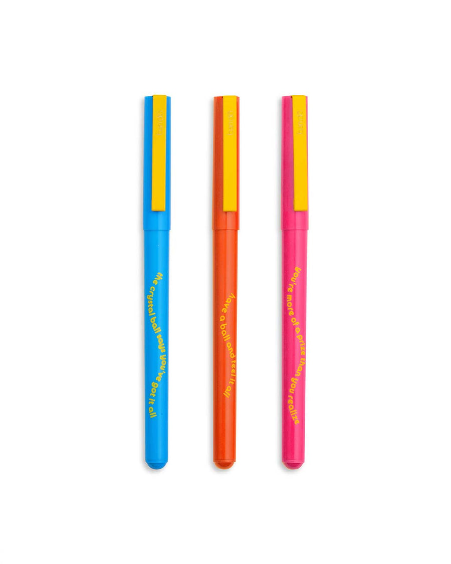 set of three solid color pen set with fair type sayings on them