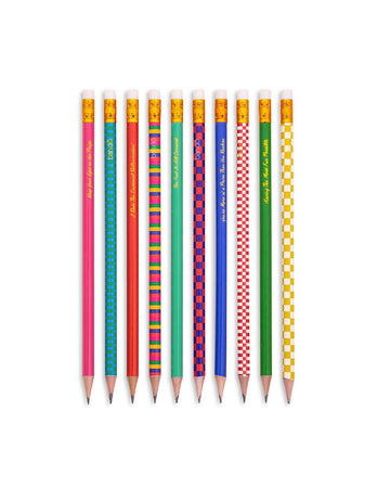 set of 10 pre-sharpened pencils with colorful checker print, stripes, and cute sayings