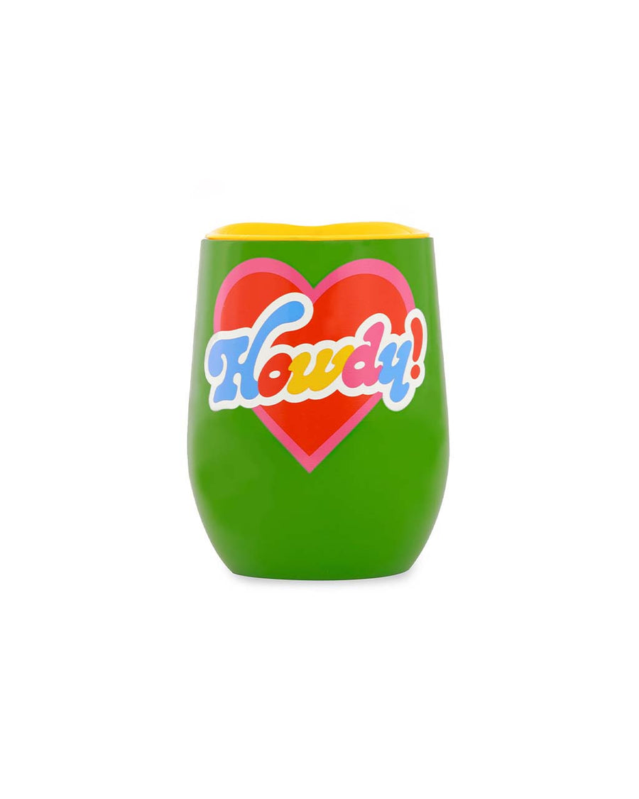 green stainless steel wine glass with colorful 'howdy!' and heart design and bright yellow lid