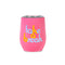 pink stainless steel wine glass with blue and yellow text 'take a break' text across the front