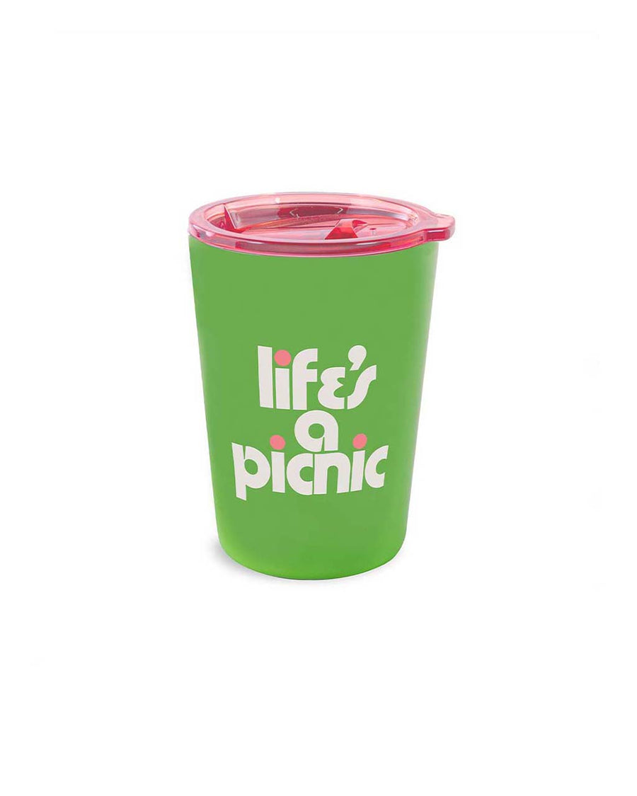 green small steel tumbler with 'life's a picnic' and pink lid