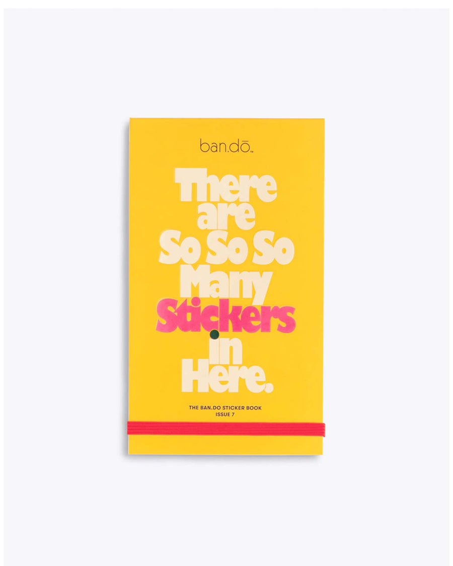 yellow sticker book cover with "There are So So So Many Stickers in Here" text graphic with red elastic closure at bottom