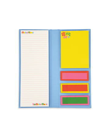 sticky note folio with long lined notepad, medium yellow notepad and set of three small sticky tabs