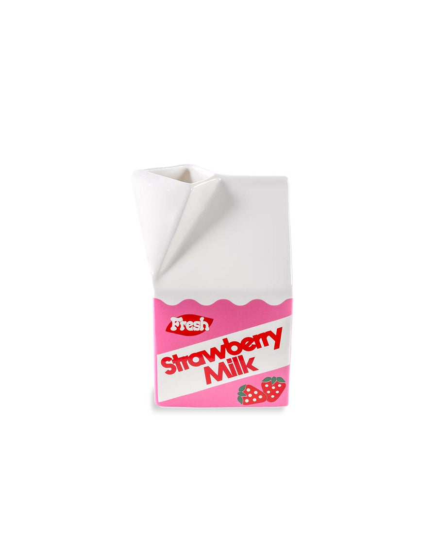 side view of petite carton shaped strawberry milk vase