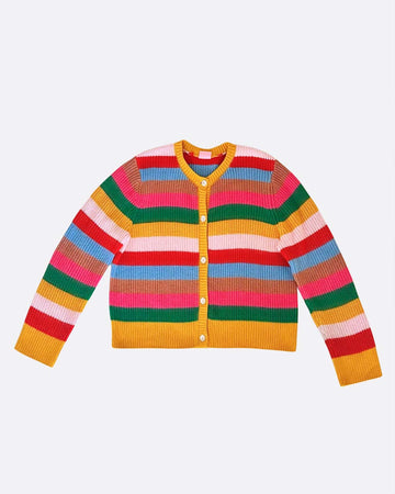 cardigan with rainbow horizontal stripes and bright gold trim