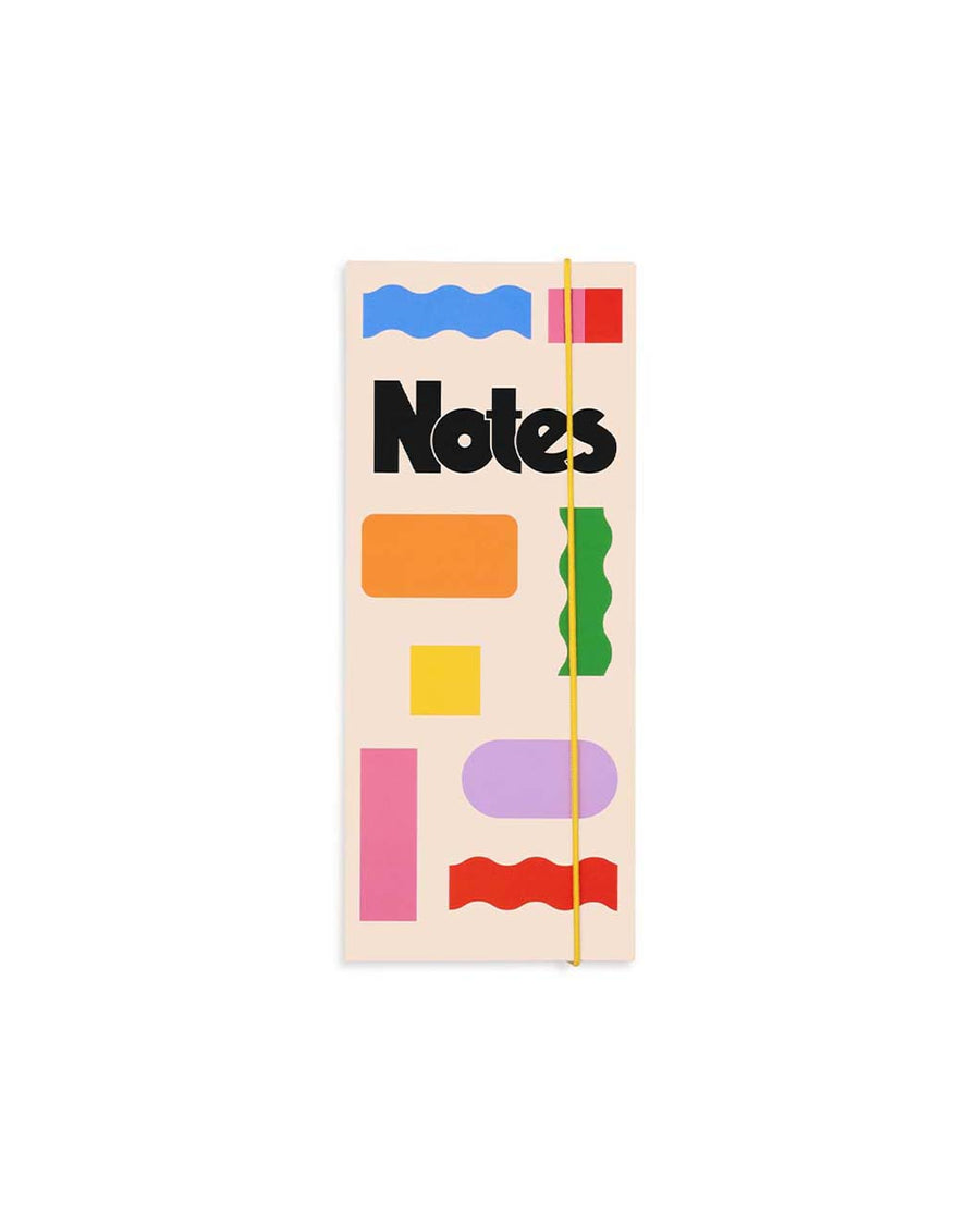 sticky note folio with cream ground and colorful shapes with black 'notes' and yellow elastic closure