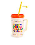 cream mega trucker cup with vibrant 'there's a party going on right here!' across the front, red lid, and yellow straw