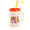 cream mega trucker cup with vibrant 'there's a party going on right here!' across the front, red lid, and yellow straw