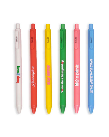 set of 6 various colored gel pens with positive sayings on them