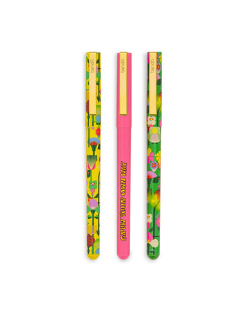 set of three pens: yellow geometric floral, pink 'grow your own way', and green geometric floral