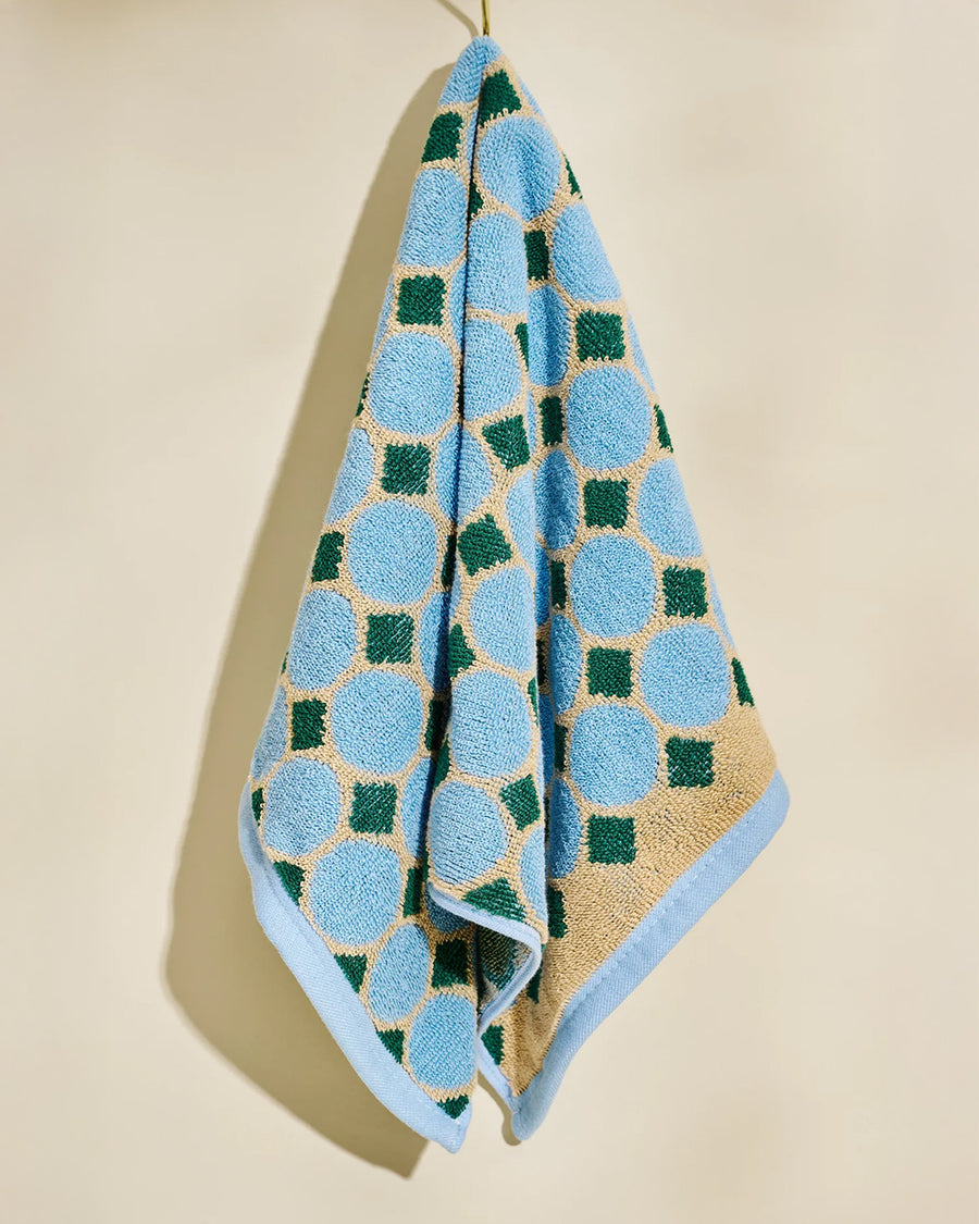 blue, cream and kelly green pool floor print cotton handle towel