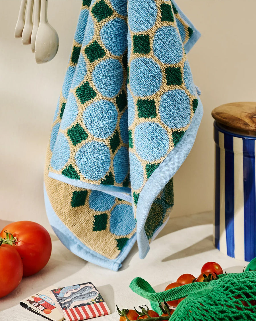 blue, cream and kelly green pool floor print cotton handle towel
