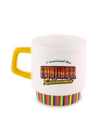 white retro diner mug with 'i survived the emotional rollercoaster' with rainbow stripe base and yellow handle