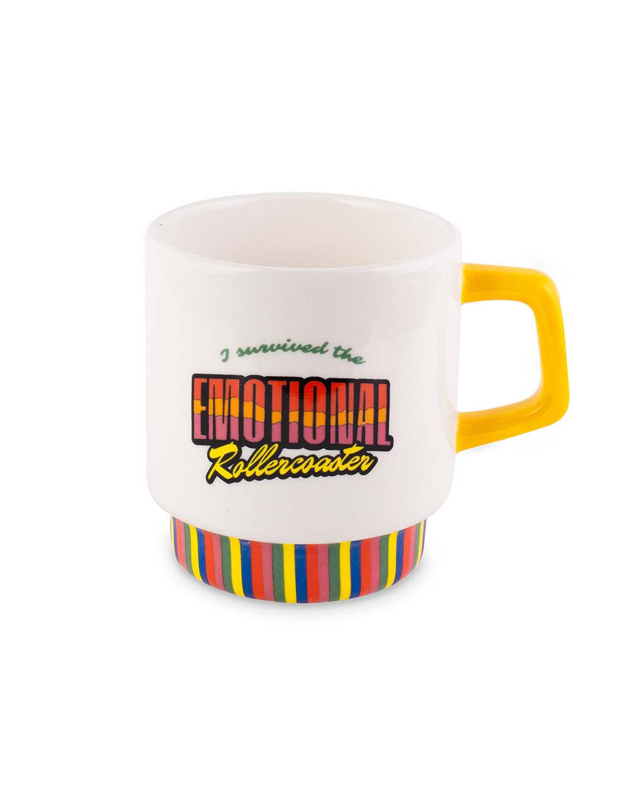 double sided white retro diner mug with 'i survived the emotional rollercoaster' with rainbow stripe base and yellow handle