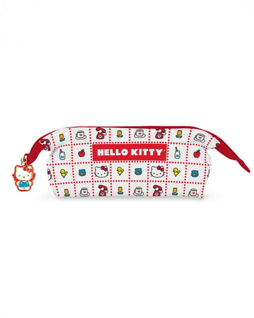 white pencil case with red dotted grid and colorful hello kitty icons with enamel hello kitty zipper pull