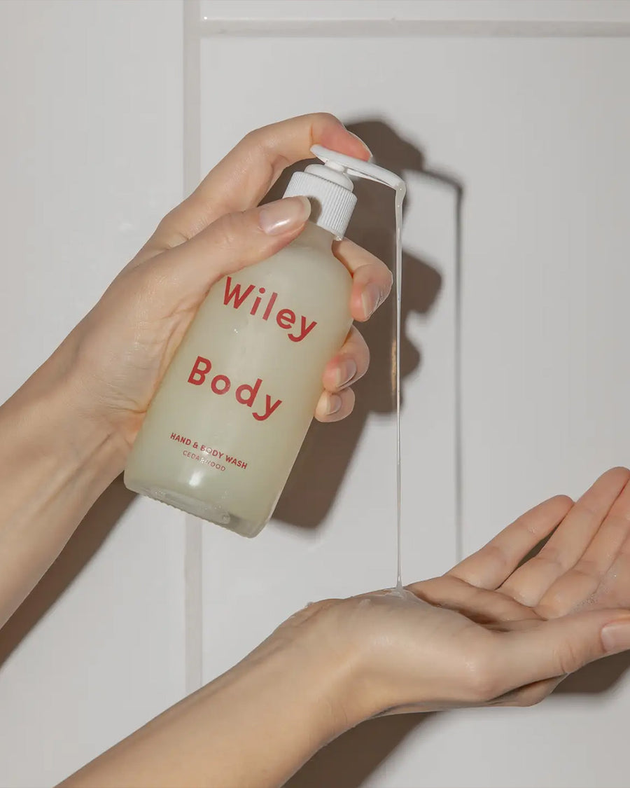 model using cedarwood hand and body wash