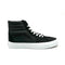Side view of black Vans high top sneakers with white soles and black rhinestone detail.