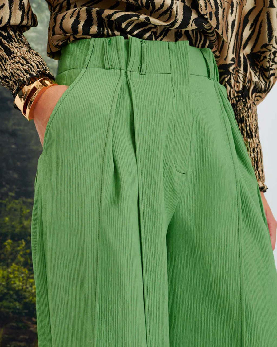 View of model's hand in the pocket of the hollis pear green trousers