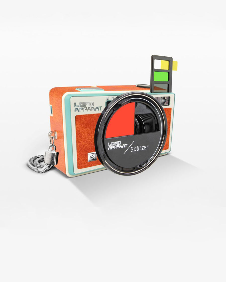 orange wide angle camera kit with lense on it