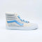 Side view of Vans high top sneaker with gray and cream body and blue details and laces