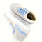 Pair of sherpa lined high top sneakers with gray, cream and blue details