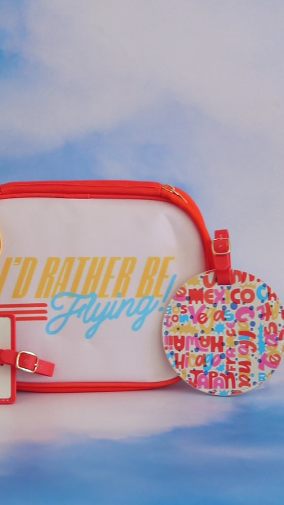 cities luggage tag, take a break eye mask, head in the clouds travel pillow, i'd rather be flying tech case and matching luggage tag and passport holder