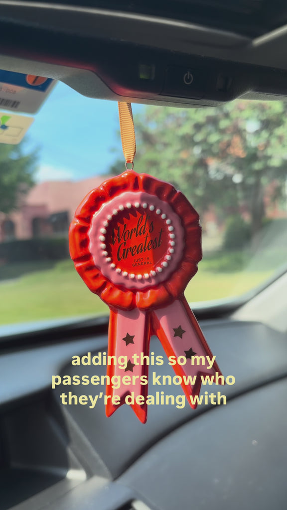 'adding this so my passengers know who they're dealing with' with the ornament hanging from a rearview mirror