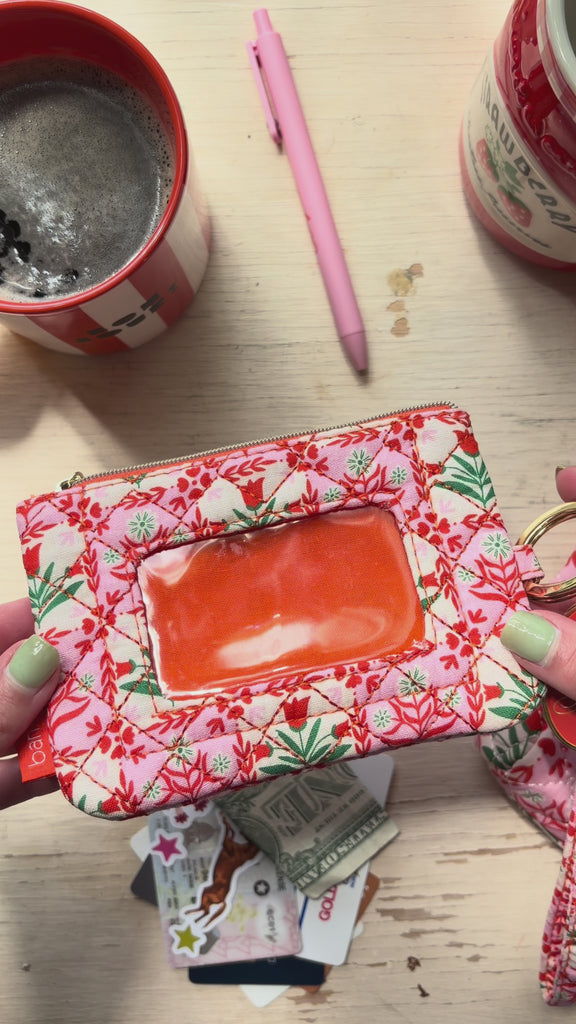 pink and red folk floral quilted ID holder