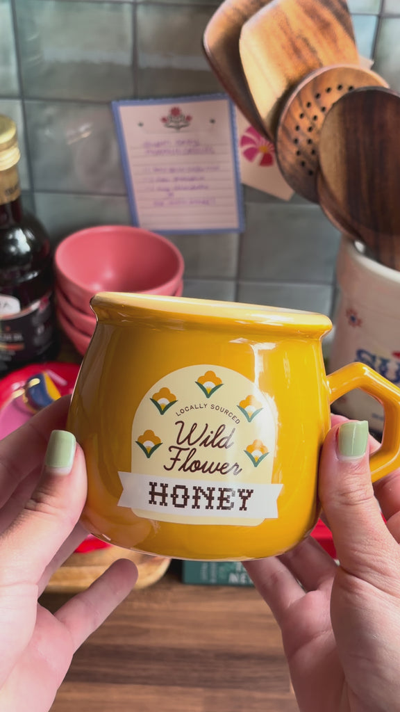model showcasing yellow wild honey mug