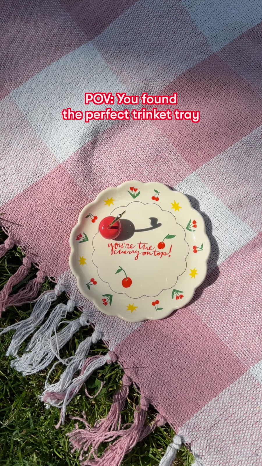 model showcasing 'you're the cherry on top' trinket tray with 3D cherry ring holder