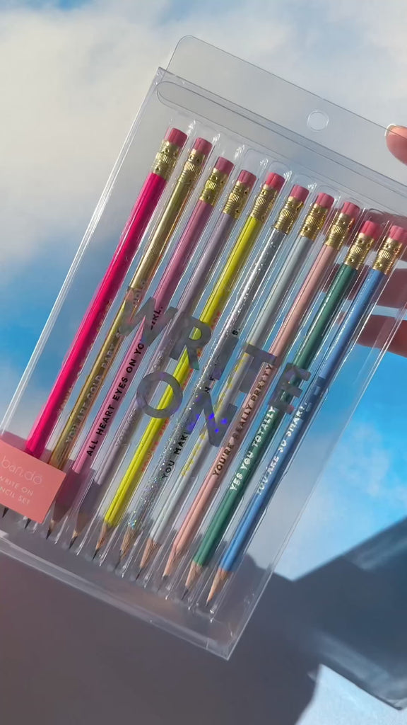 Video of compliment pencils with encouraging phrases on each colorful pencil