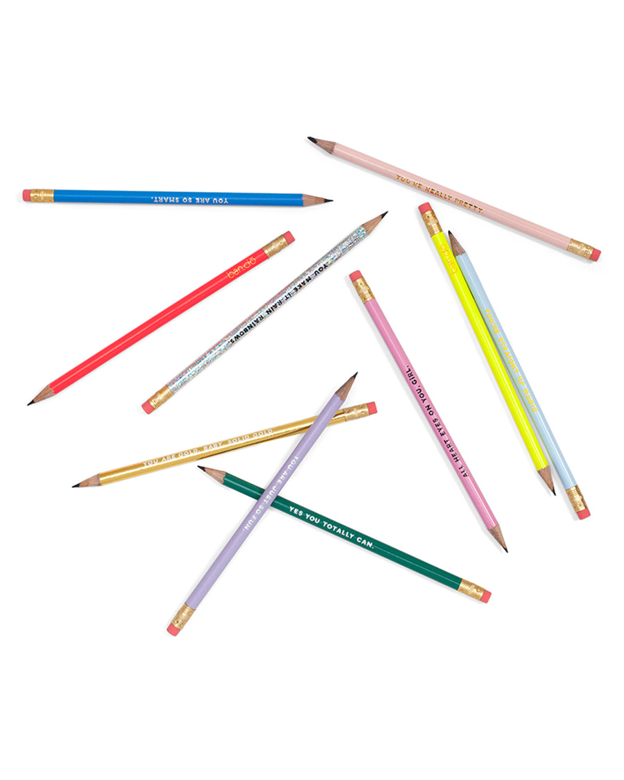 10 pencils, each with a different compliment and color.
