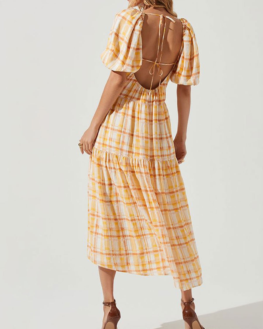 backview of model wearing yellow and orange puff sleeve plaid midi dress  with open back ties