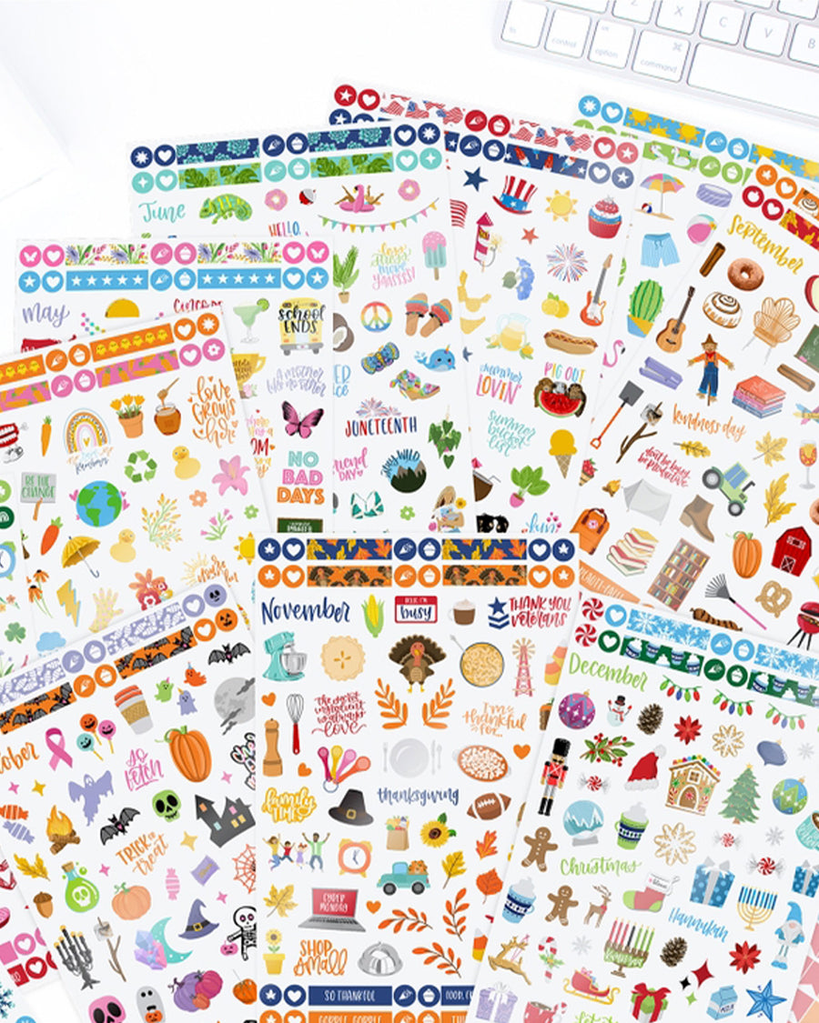 examples of monthly celebration stickers with various graphics