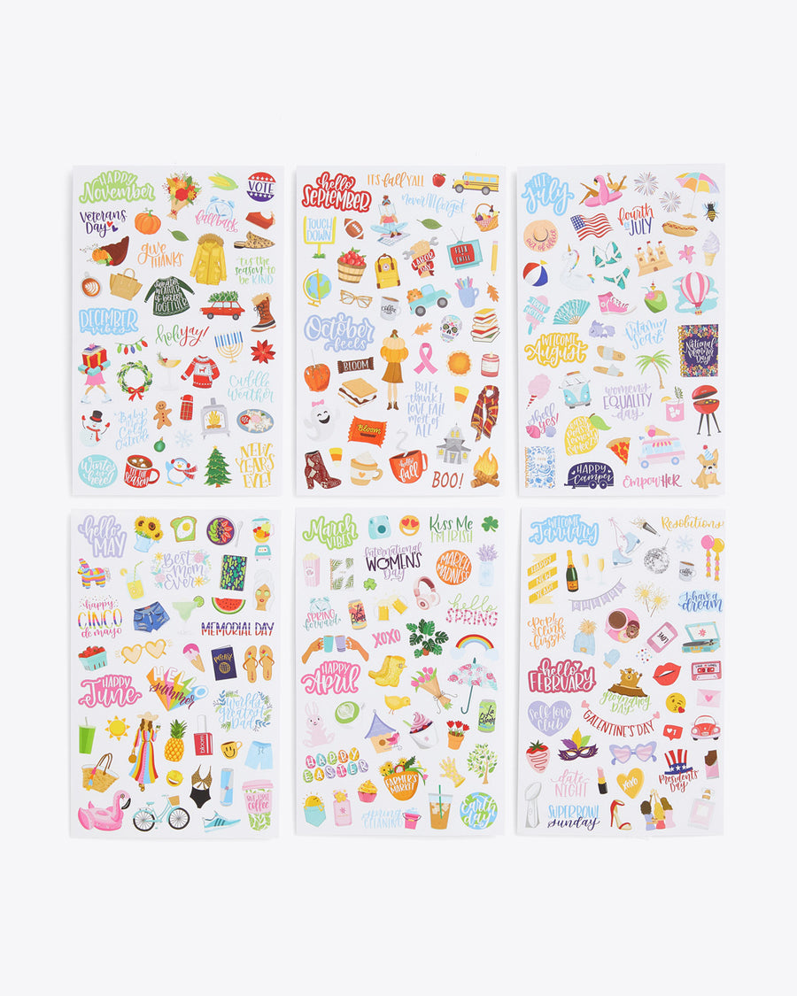 pack of 6 sticker sheets with holiday themed stickers