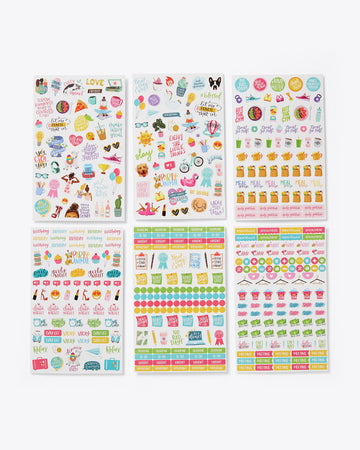 6 sheets of assorted stickers; colors and shapes