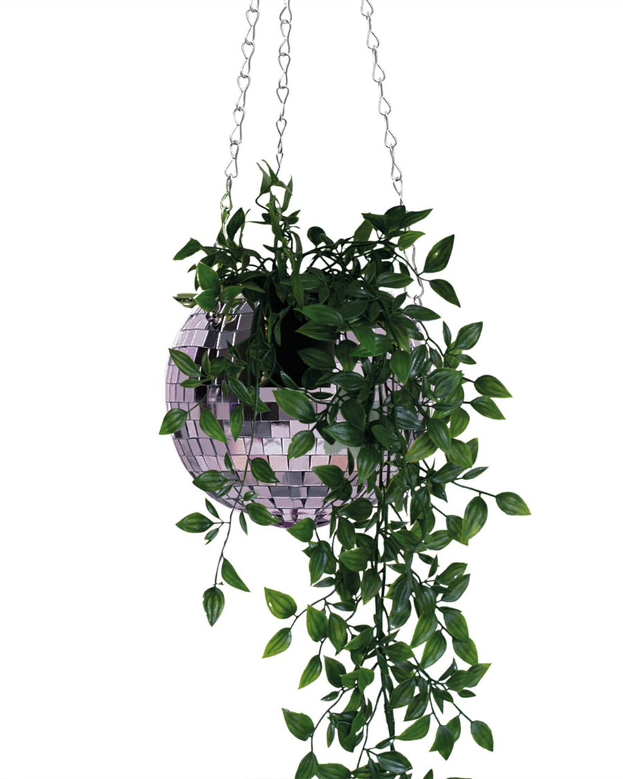 8-inch disco ball planter with hanging plant inside on white background