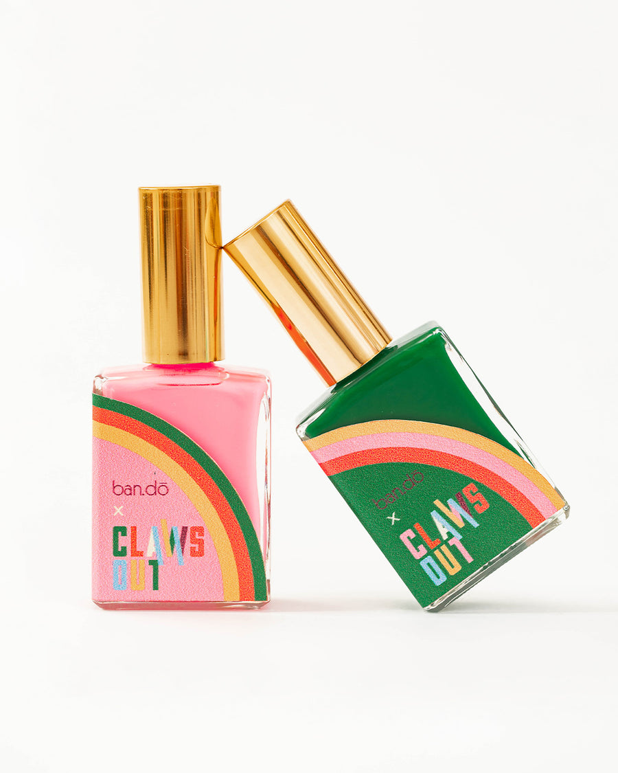 ban.do x claws out exclusive set of two nail polishes in pink and green with fun rainbow graphic on the front