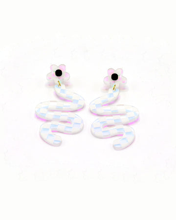 colorful translucent daisy earrings with checkered squiggle dangle