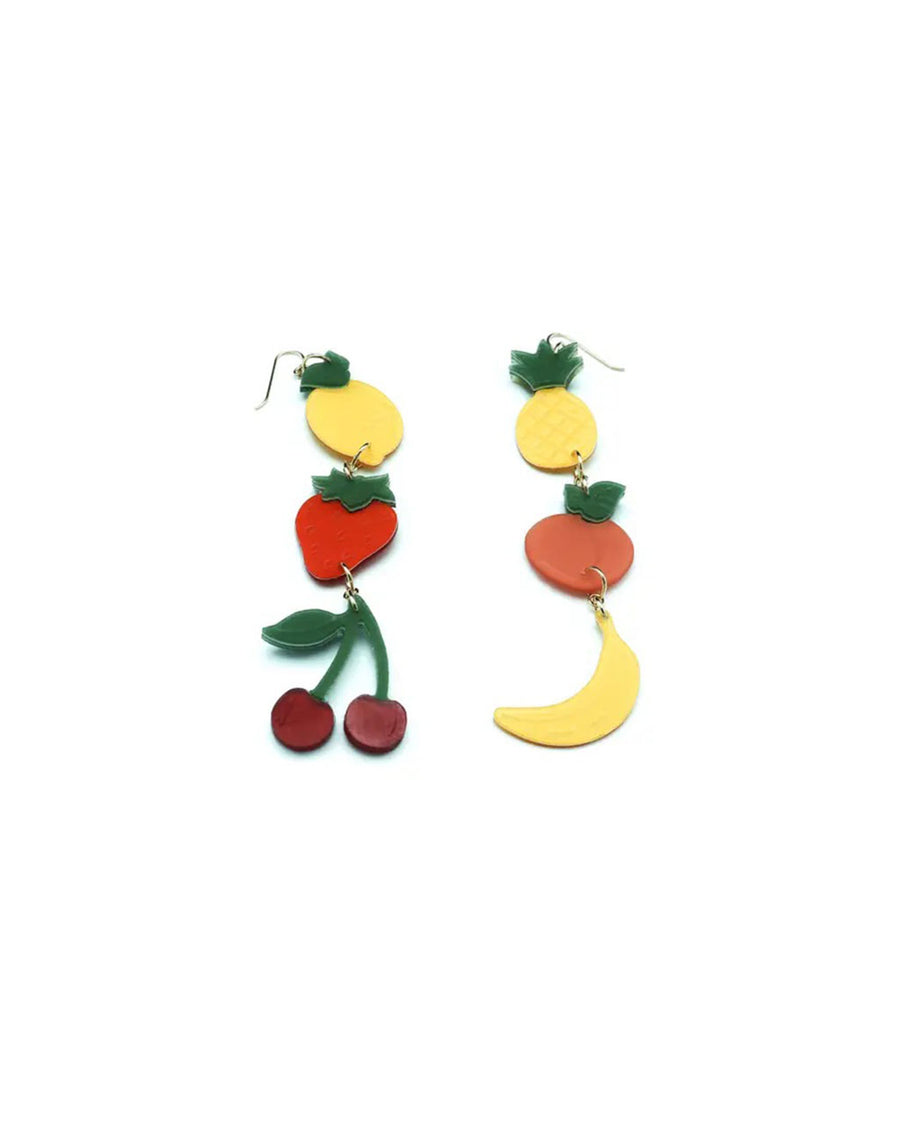 set of fruit drop earrings: lemon, strawberry cherry, and pineapple, peach and banana