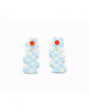 blue and white checker dangle earrings with checker daisy on the stud