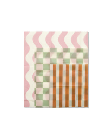 set of three beeswax wraps in pink, mint, and orange geo prints