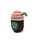 side view of crochet 'starbucks' like coffee pet toy