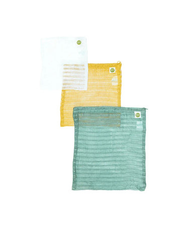set of three product bags: white small, yellow medium, and green large