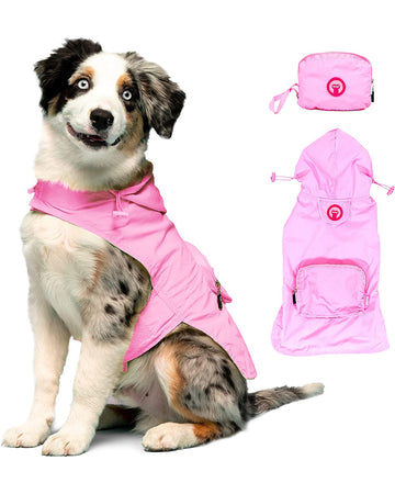 dog wearing light pink raincoat and also the raincoat displayed packed and also a still