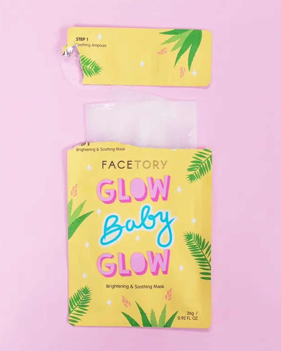 opened glow baby glow brightening and soothing face mask to show sheet mask