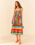 model wearing multicolor stripe midi dress with smocked bodice and fun toucan print