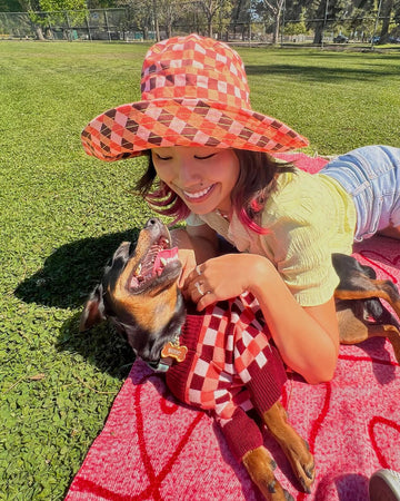 model wearing pink tone wide brim hat and her dog wear matching dog sweater