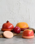 set of five terracotta toned food huggers in various fruits